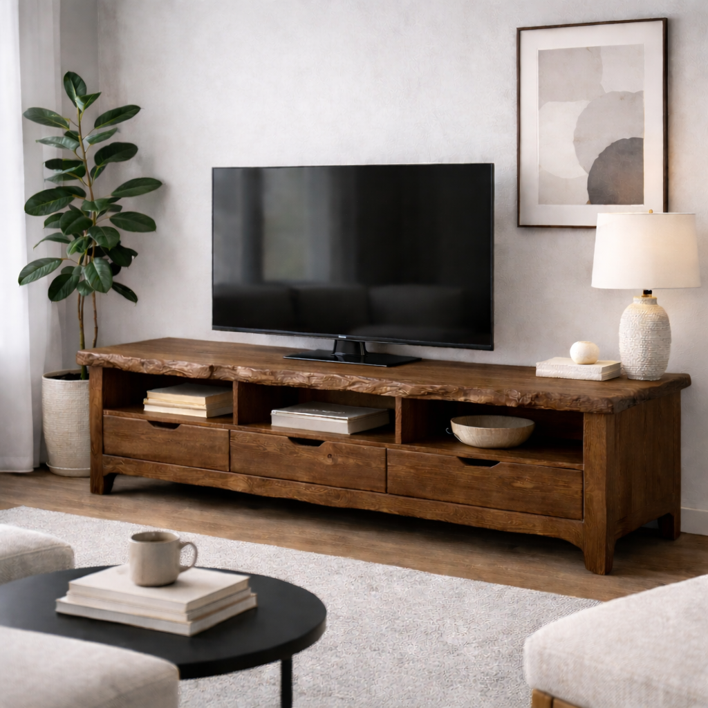 Solid Wood TV Stand with Drawers & Open Shelves – Rustic Low Profile Console