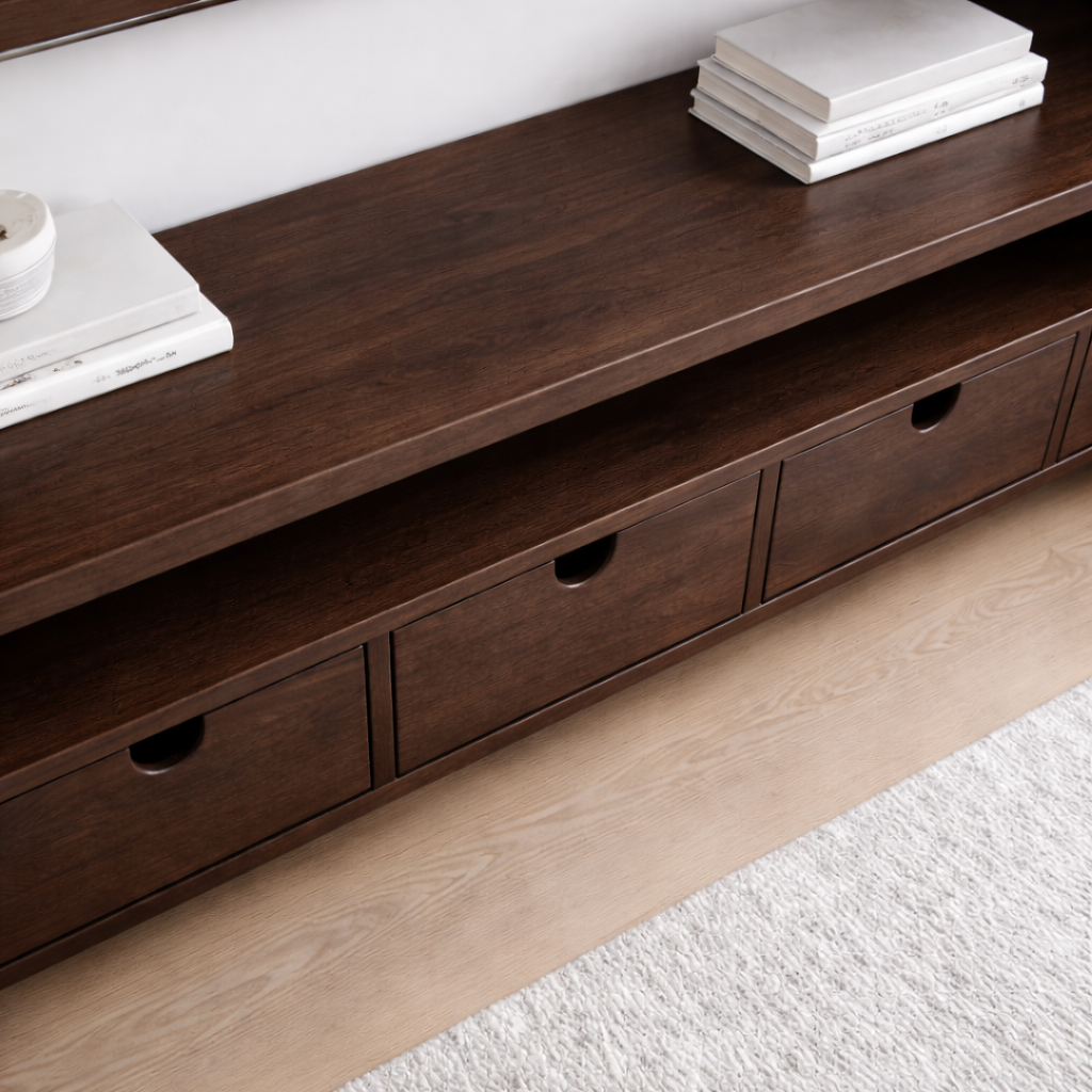 Solid Wood TV Stand with 4 Drawers & Open Shelf – Modern Low Profile Console