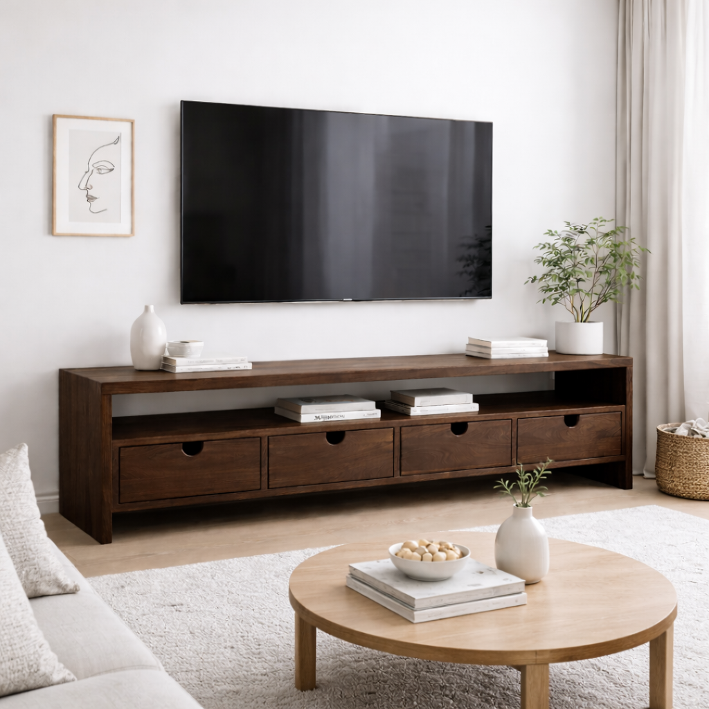 Solid Wood TV Stand with 4 Drawers & Open Shelf – Modern Low Profile Console