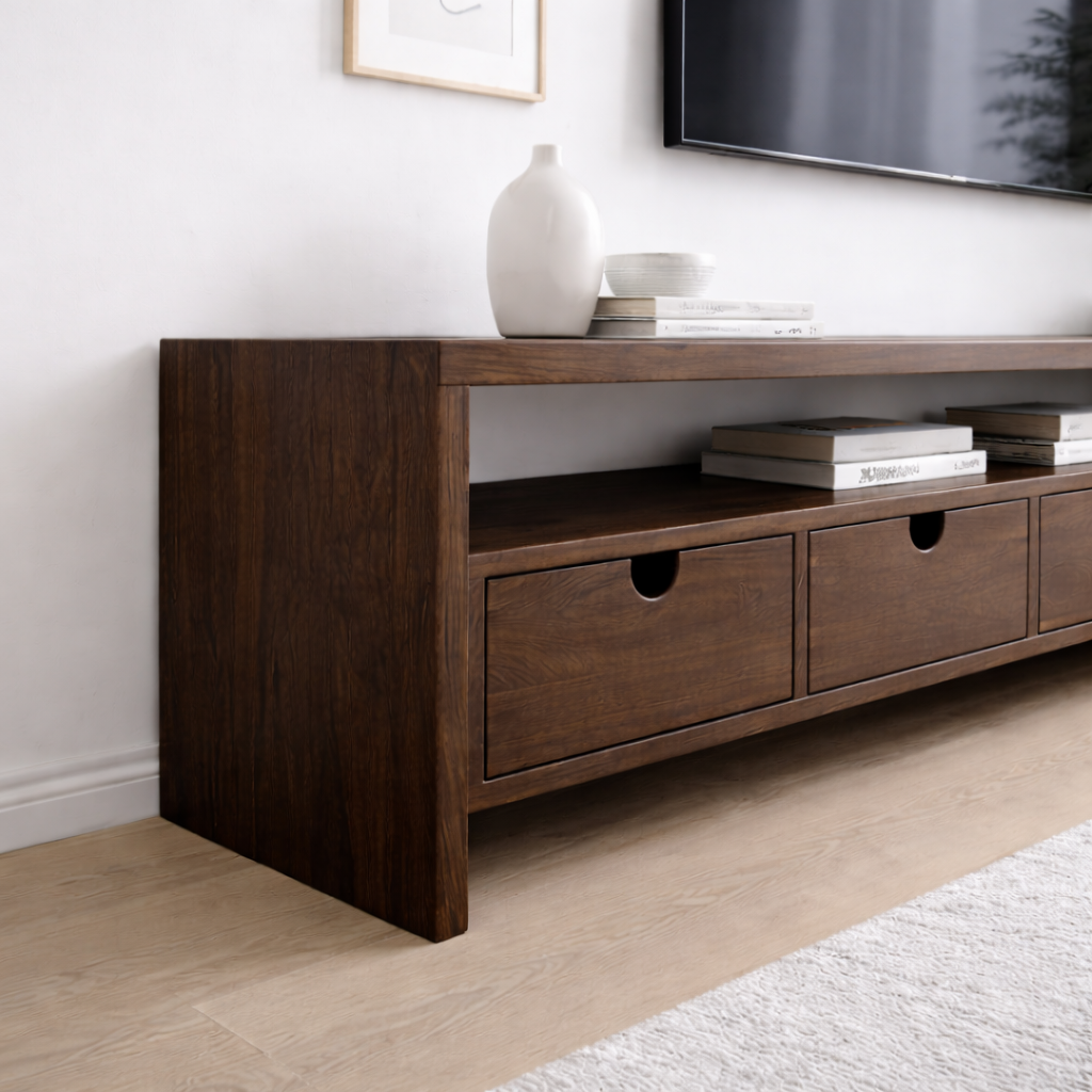 Solid Wood TV Stand with 4 Drawers & Open Shelf – Modern Low Profile Console