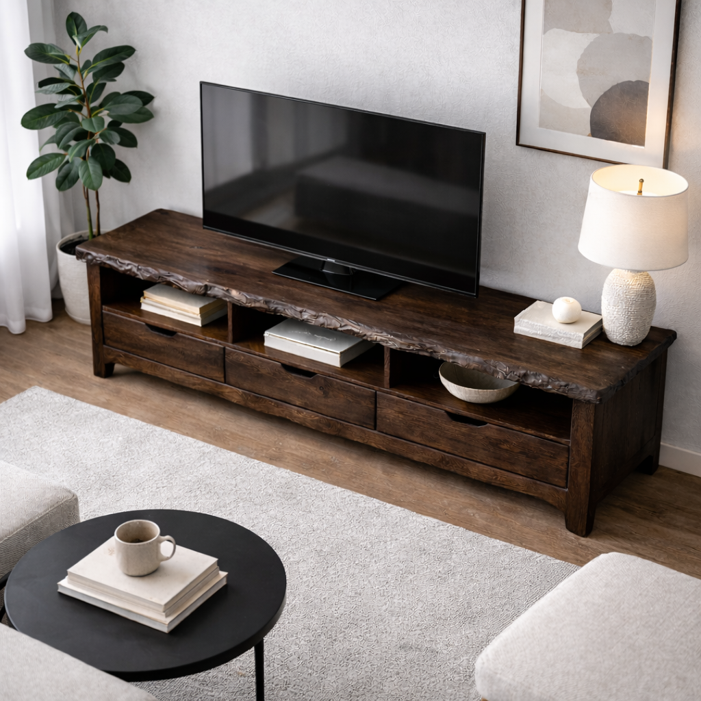 Solid Wood TV Stand with Drawers & Open Shelves – Rustic Low Profile Console
