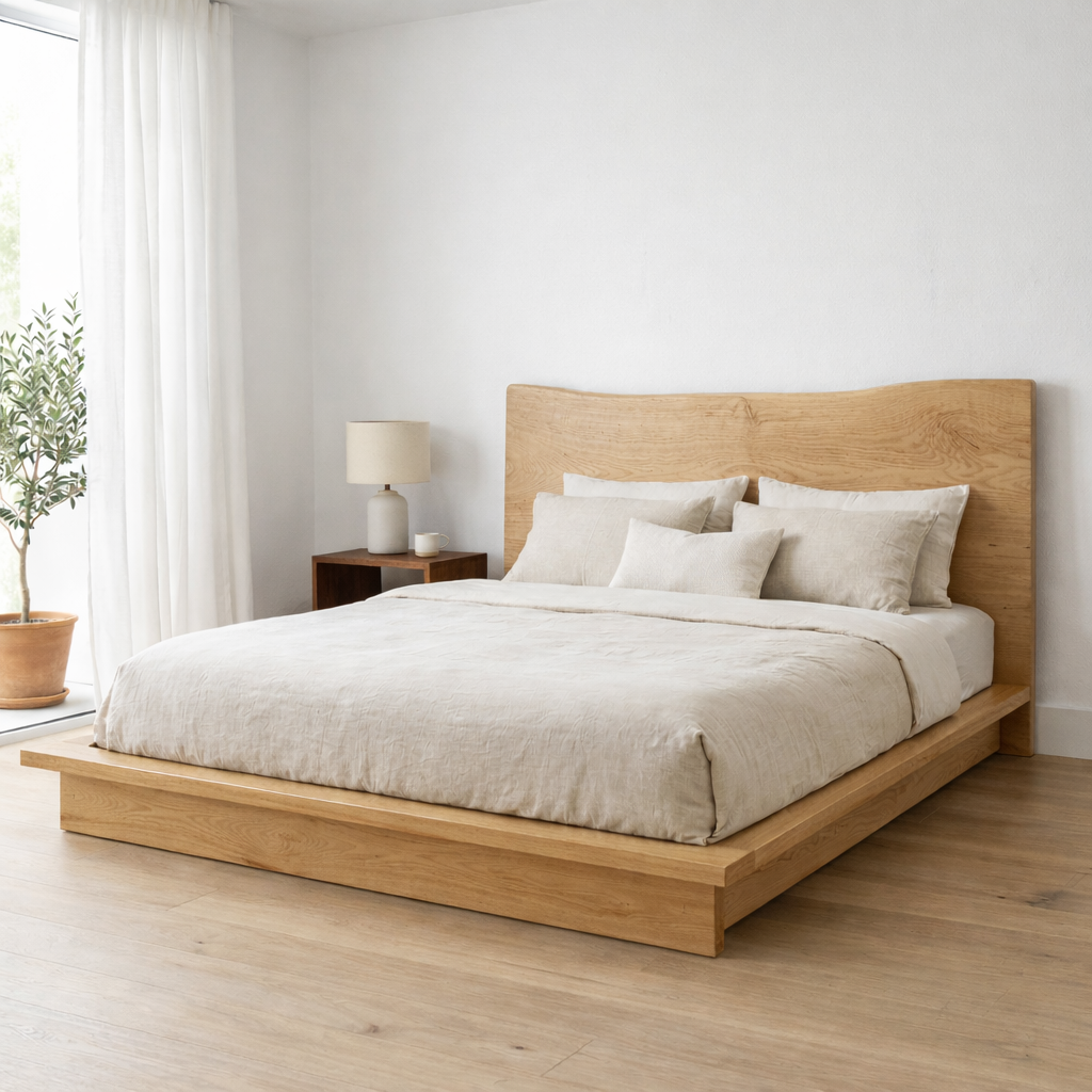 Solid Wood Platform Bed Frame with Curved Headboard – Low Profile Design