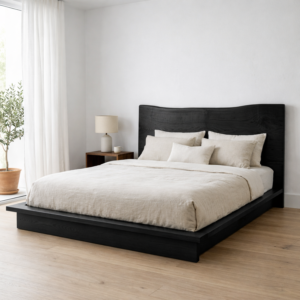 Solid Wood Platform Bed Frame with Curved Headboard – Low Profile Design