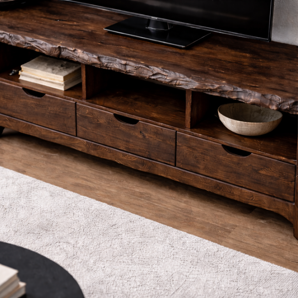 Solid Wood TV Stand with Drawers & Open Shelves – Rustic Low Profile Console