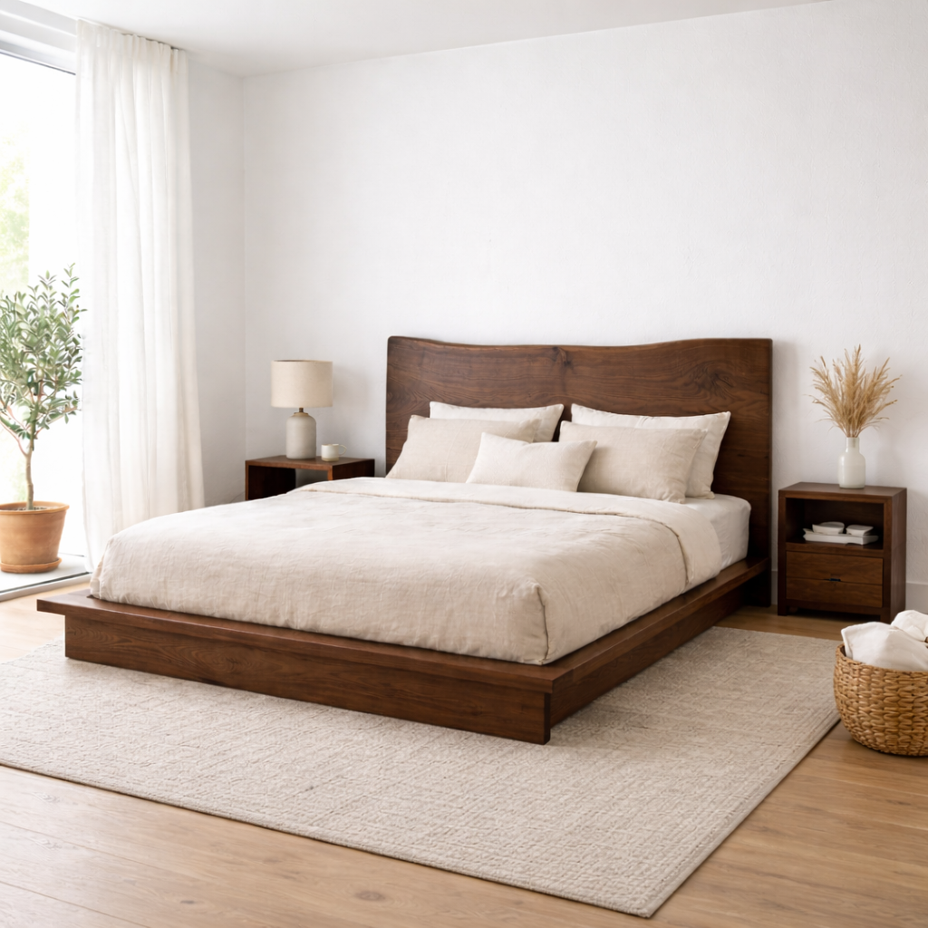 Solid Wood Platform Bed Frame with Curved Headboard – Low Profile Design