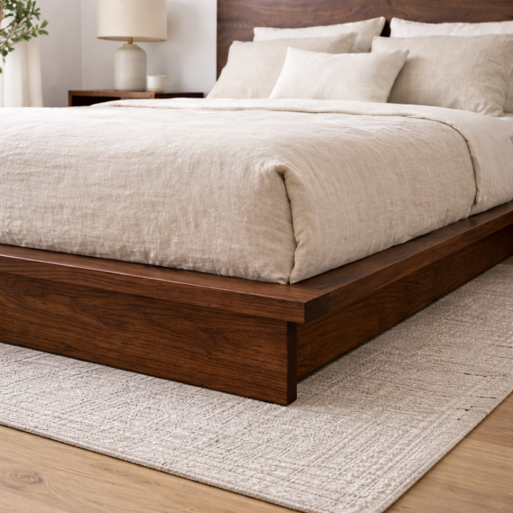 Solid Wood Platform Bed Frame with Curved Headboard – Low Profile Design