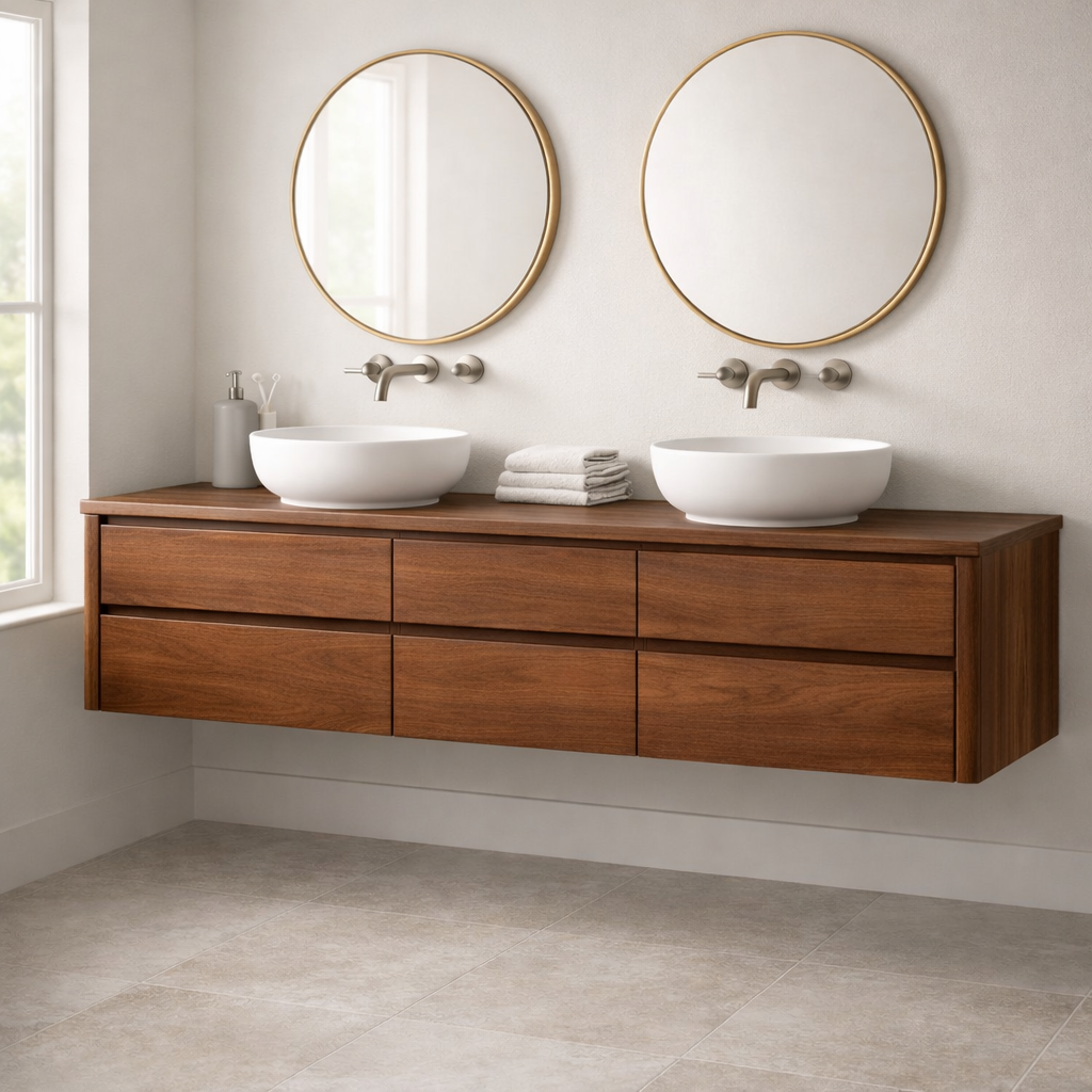 Handcrafted 6-Drawer Floating Double Vanity - Solid Wood Modern Bathroom Cabinet