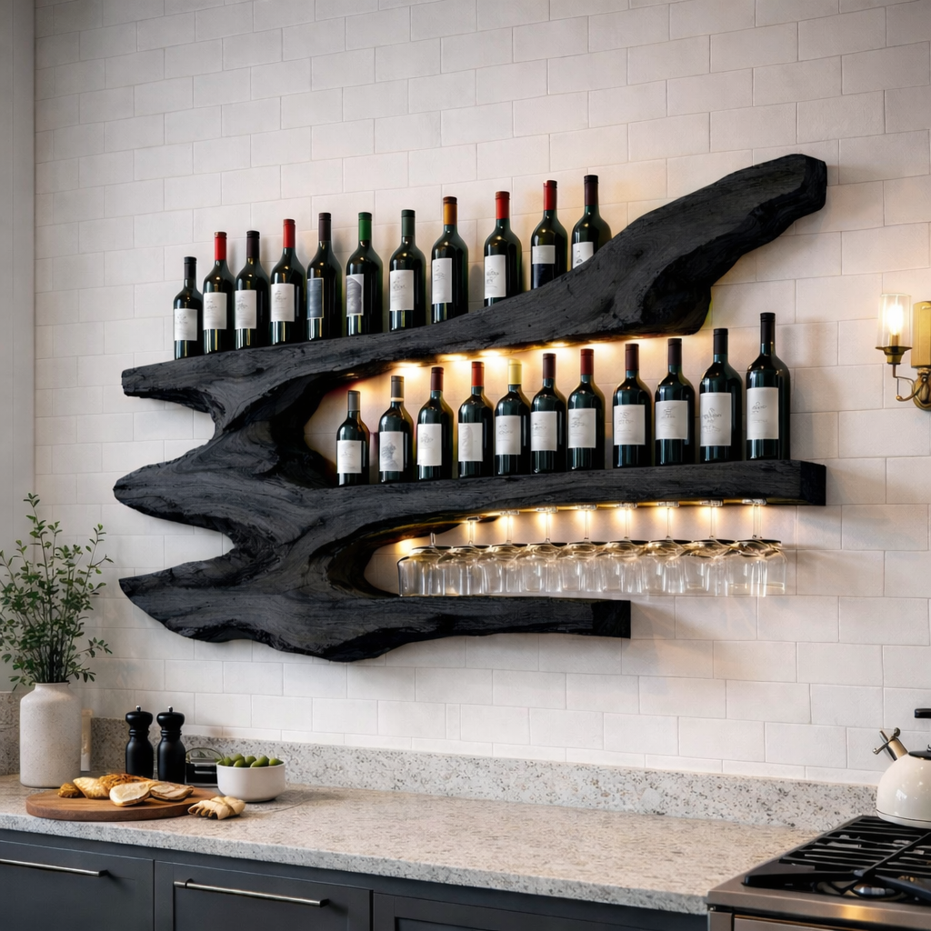 Solid Wood Live Edge Wall Wine Rack with Multi Bottle Shelves and Hanging Glass Holder