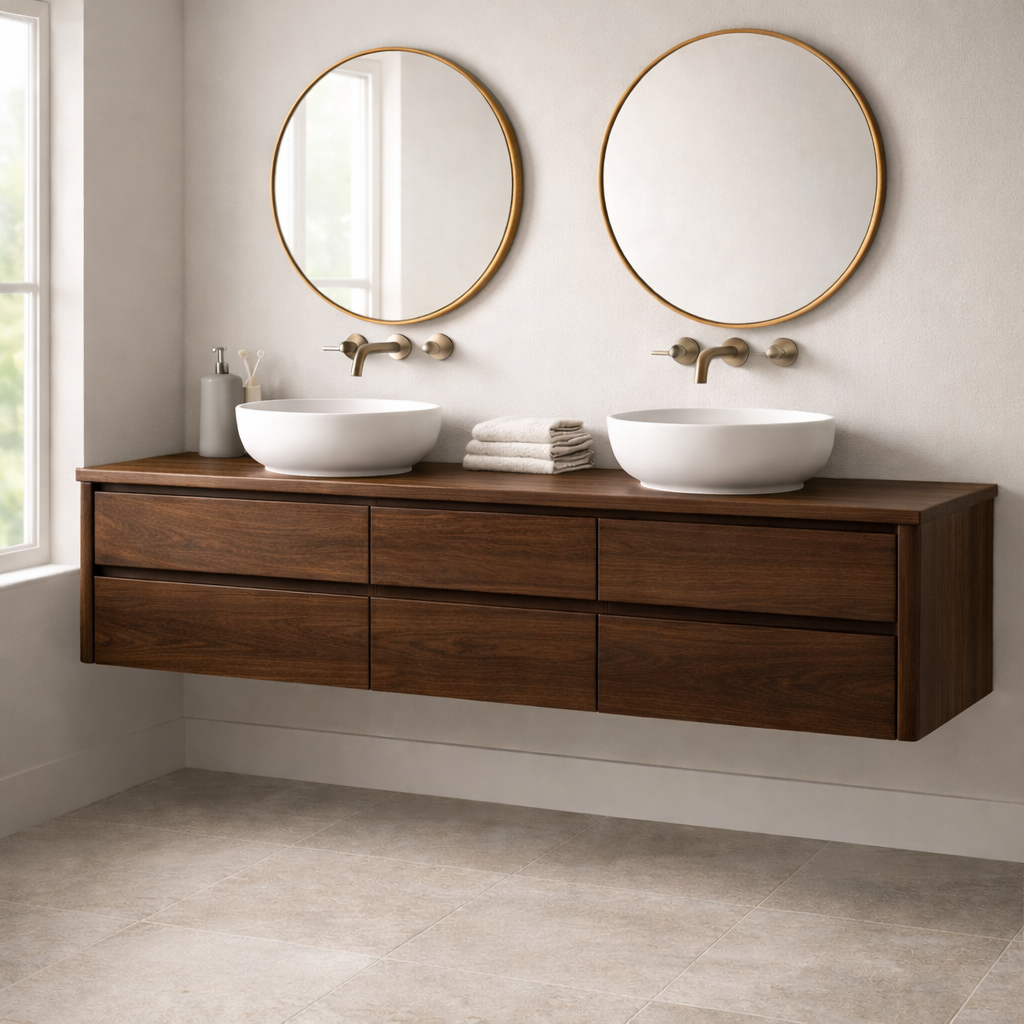 Handcrafted 6-Drawer Floating Double Vanity - Solid Wood Modern Bathroom Cabinet