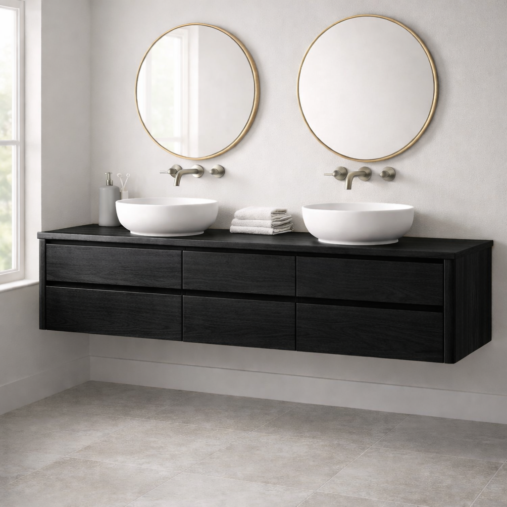 Handcrafted 6-Drawer Floating Double Vanity - Solid Wood Modern Bathroom Cabinet