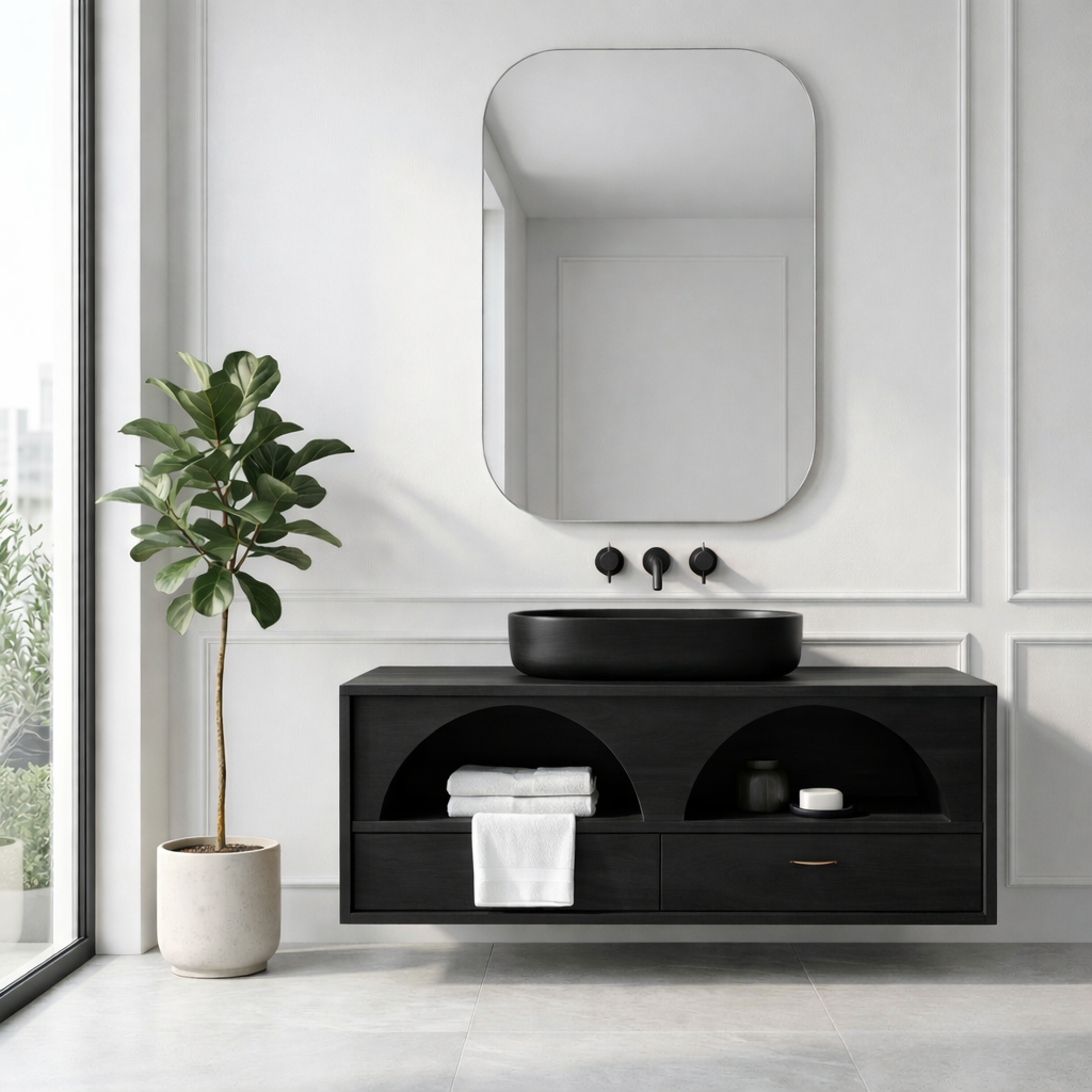 Handcrafted Arch Design Floating Vanity - Solid Wood Mid-Century Modern Bathroom Cabinet
