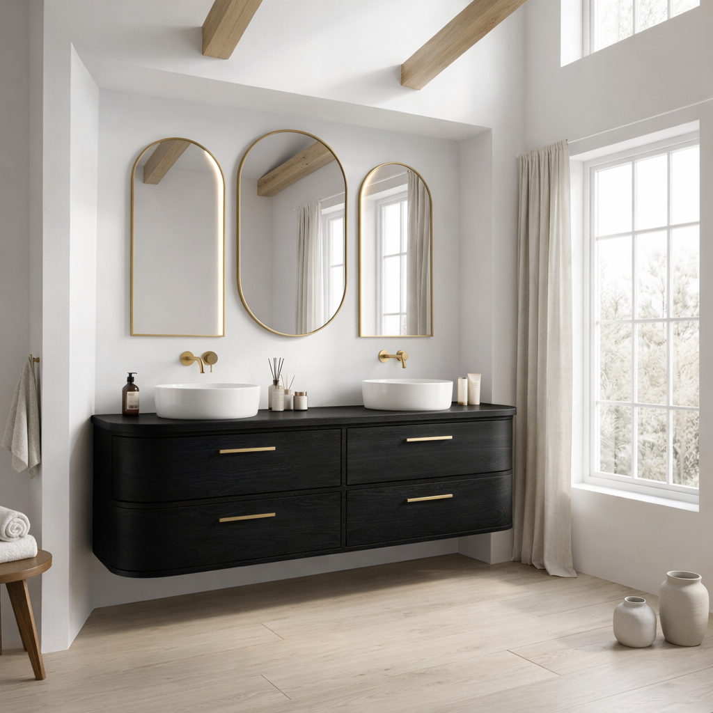 Handcrafted Curved Floating Double Vanity - Solid Wood Luxury Bathroom Cabinet