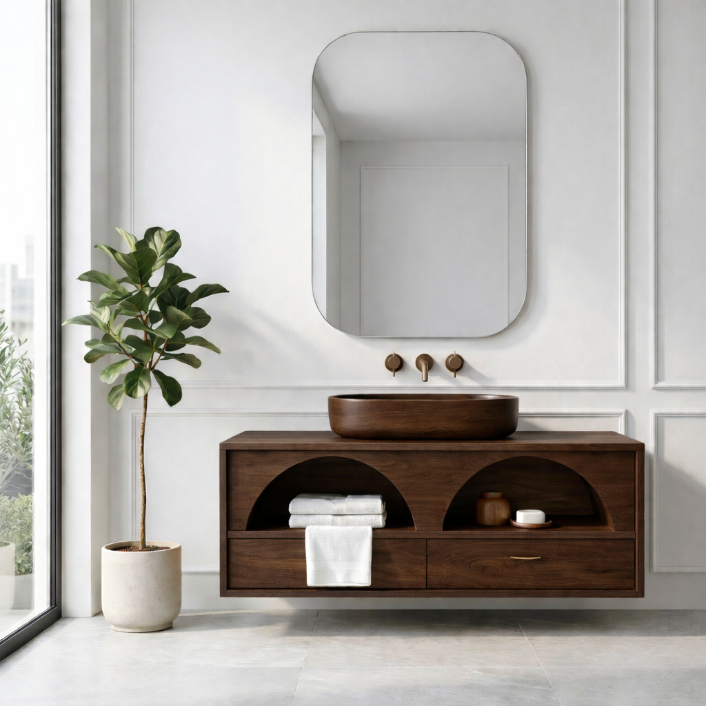 Handcrafted Arch Design Floating Vanity - Solid Wood Mid-Century Modern Bathroom Cabinet