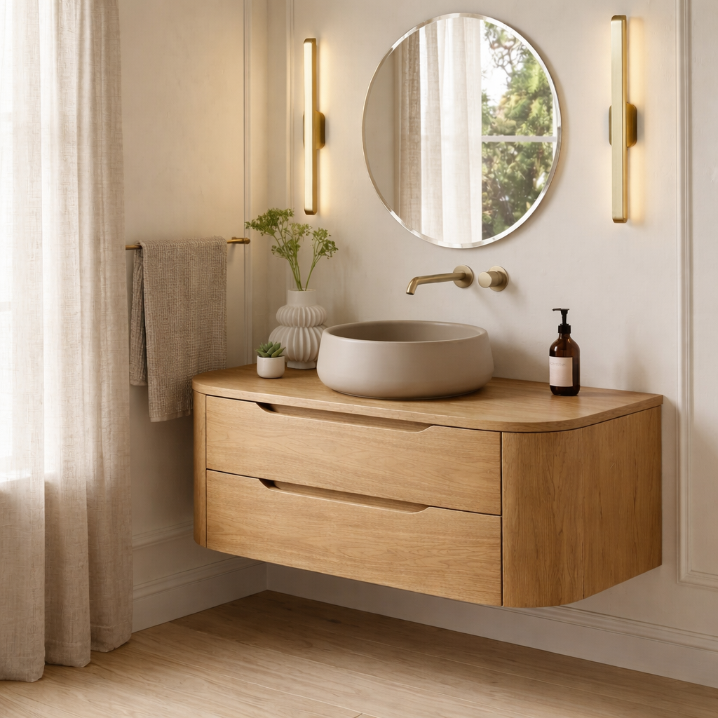Modern Floating Bathroom Vanity with Curved Edges – Handcrafted Solid Wood