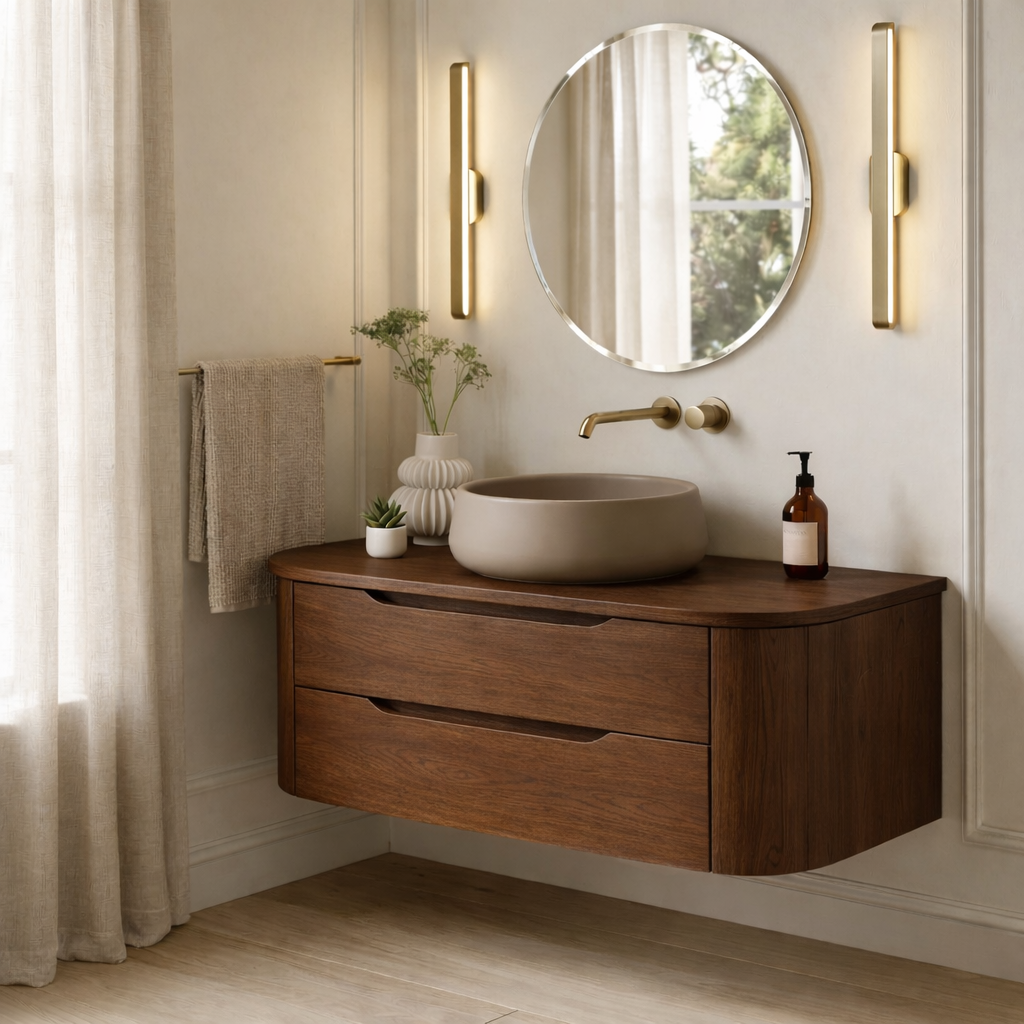 Modern Floating Bathroom Vanity with Curved Edges – Handcrafted Solid Wood