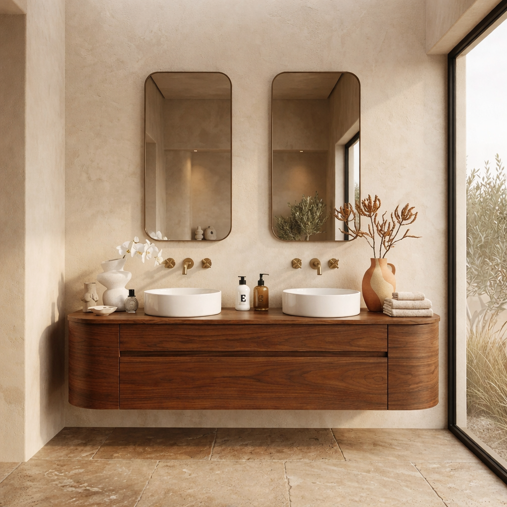 Handcrafted Wood Floating Double Vanity - Solid Wood Mid-Century Modern Bathroom Cabinet