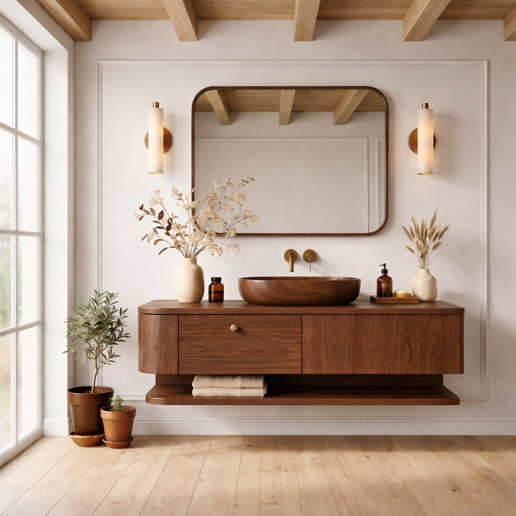 Floating Bathroom Vanity with Open Shelf and Spacious Drawers – Handcrafted Solid Wood Design