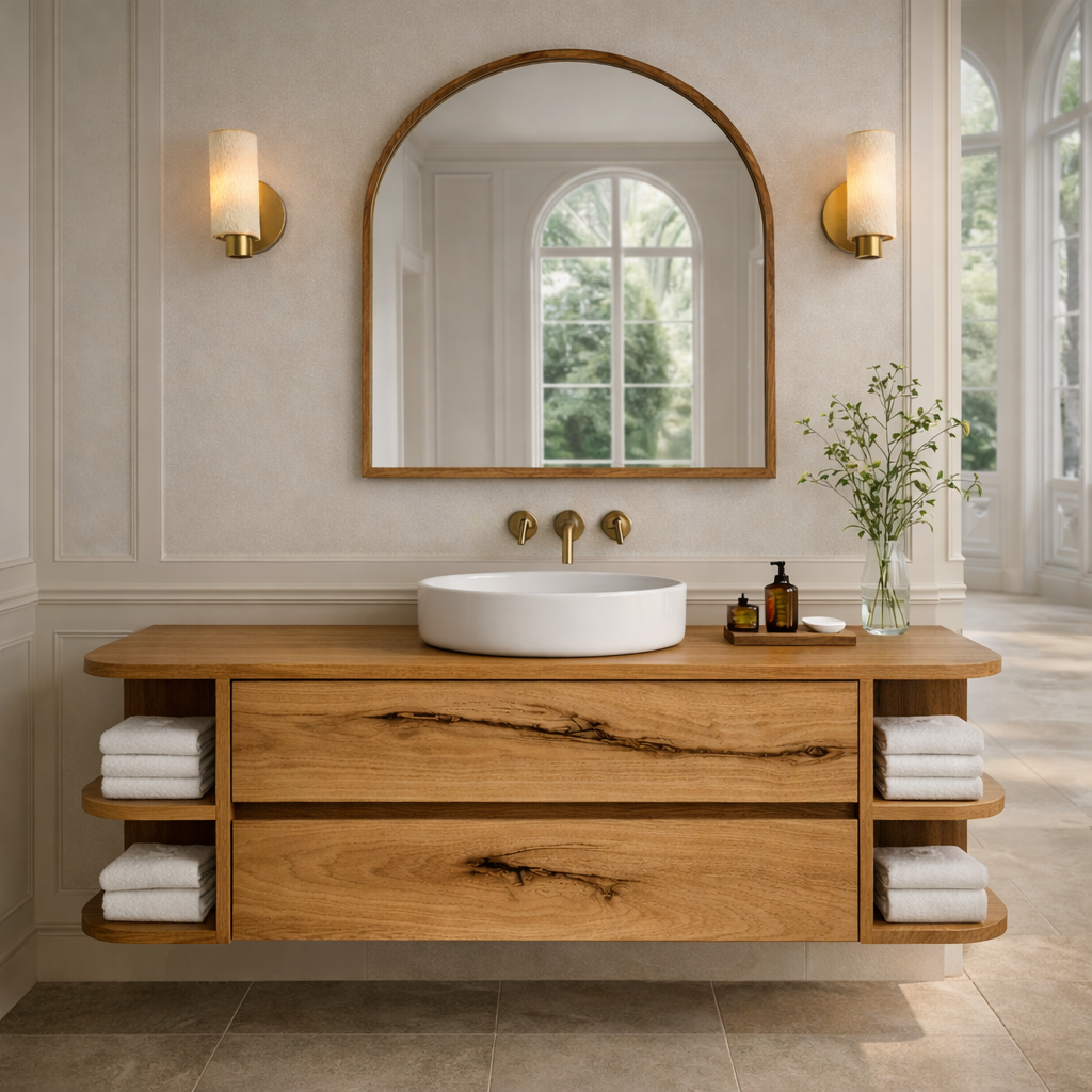 Floating Bathroom Vanity with Curved Open Shelves – Handcrafted Solid Wood Design