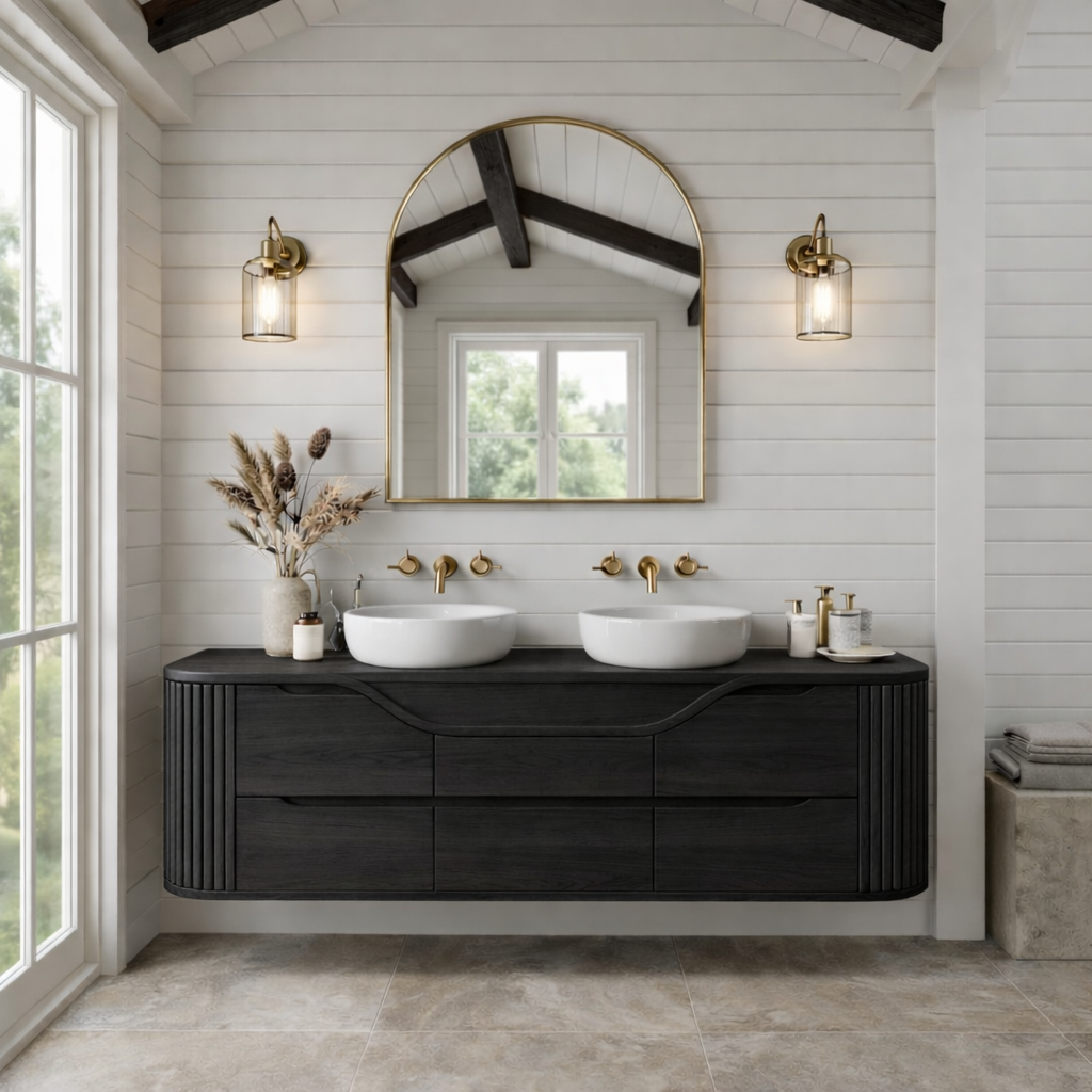Handcrafted Floating Bathroom Vanity with Curved & Fluted Drawers – Elegant Wooden Design