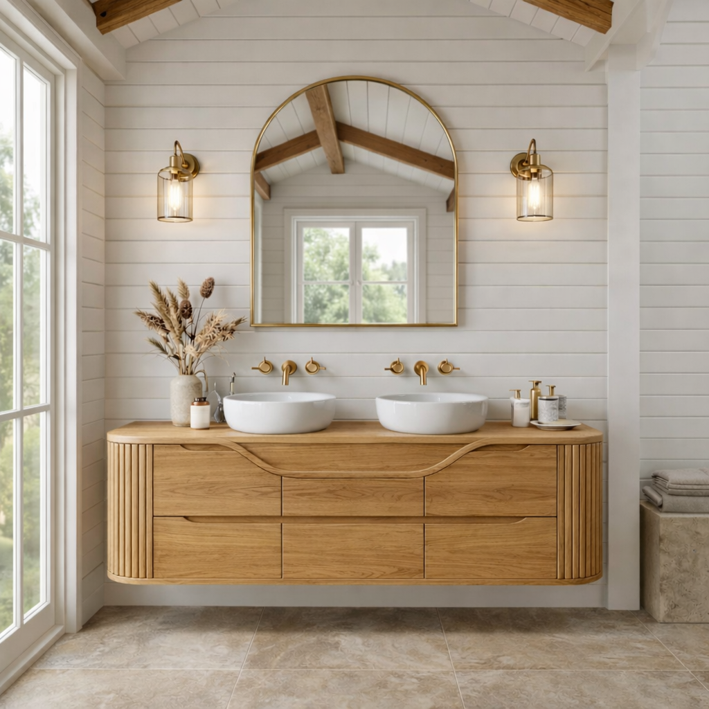 Handcrafted Floating Bathroom Vanity with Curved & Fluted Drawers – Elegant Wooden Design