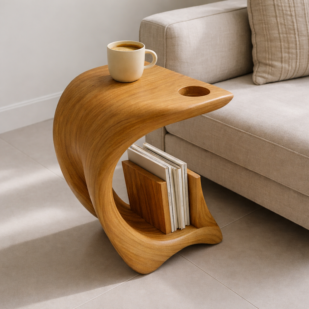 Solid Wood Sofa Armrest Table with Cup Holder and Magazine Holder Side Table