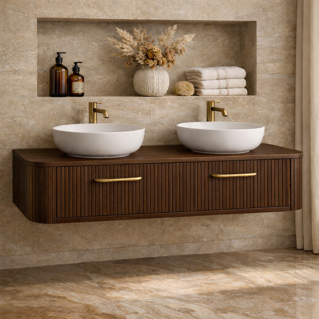 Modern Floating Bathroom Vanity with Storage – Handcrafted Wooden Design with Fluted Drawers