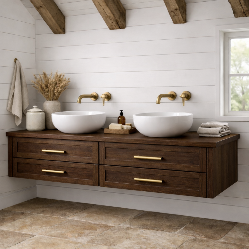 Handcrafted Solid Wood Floating Bathroom Vanity with Storage – Modern Wooden Design