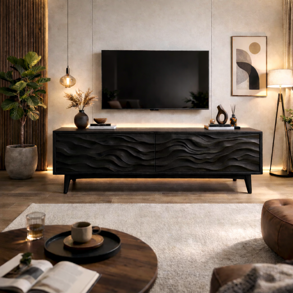 Solid Wood Modern TV Stand with Wave Carved Doors – Low Profile Media Console