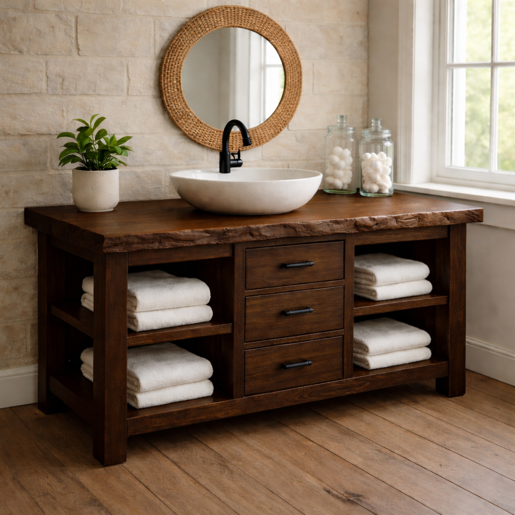 Live Edge Solid Wood Bathroom Vanity with 3 Drawers & Open Shelves