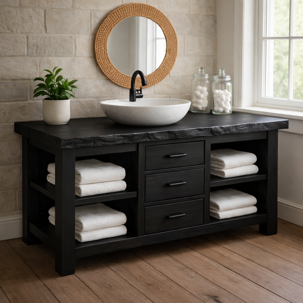 Live Edge Solid Wood Bathroom Vanity with 3 Drawers & Open Shelves