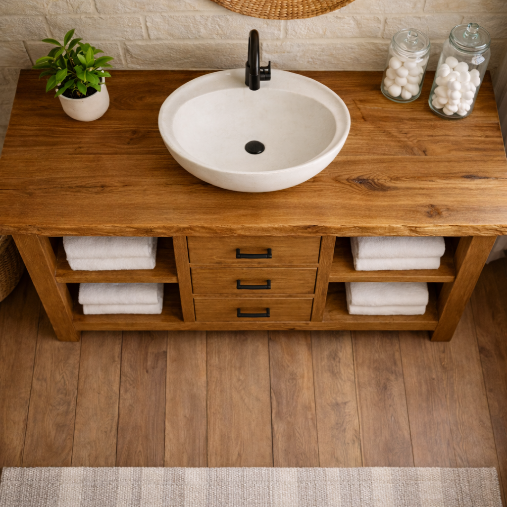 Live Edge Solid Wood Bathroom Vanity with 3 Drawers & Open Shelves