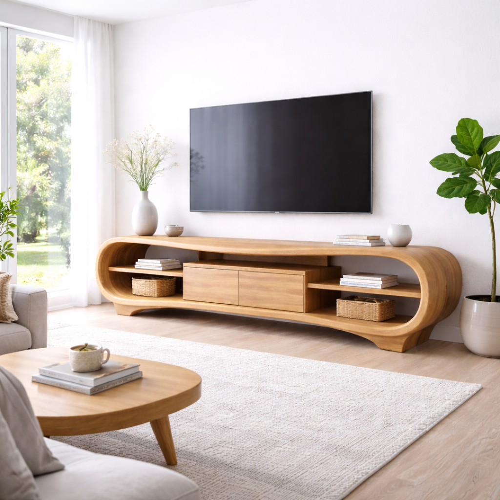 Solid Wood TV Stand with Curved Frame, Open Shelves and Center Drawer Cabinet