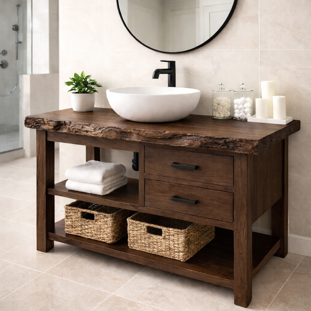 Live Edge Solid Wood Bathroom Vanity with 2 Drawers & Open Shelf