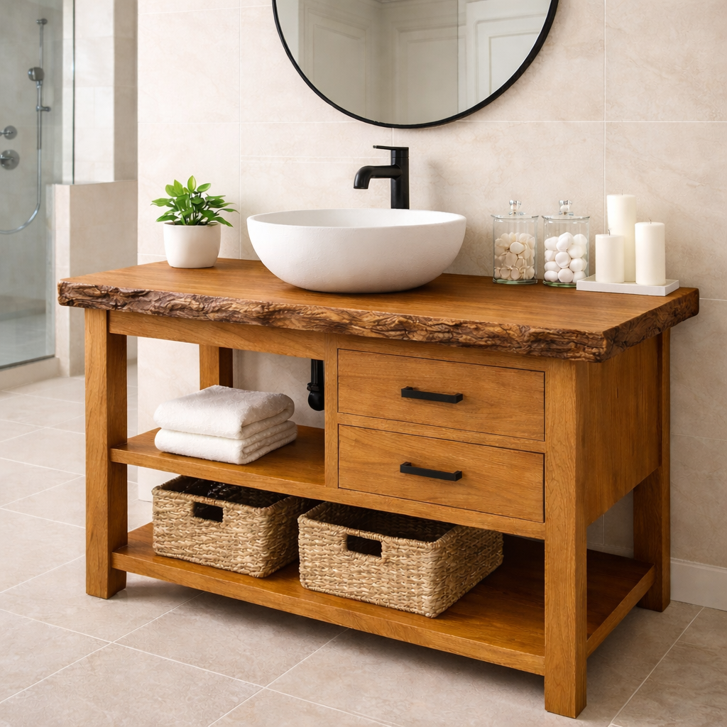 Live Edge Solid Wood Bathroom Vanity with 2 Drawers & Open Shelf