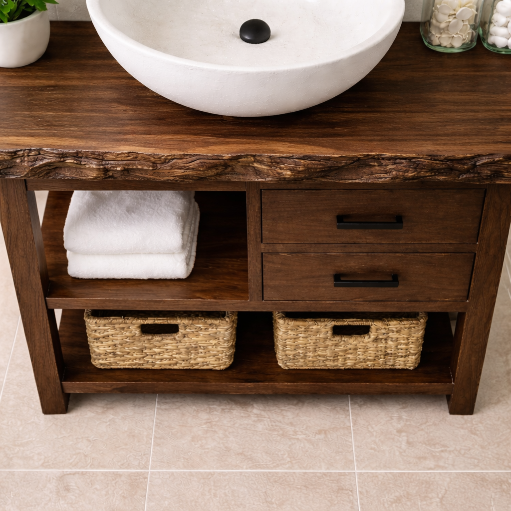 Live Edge Solid Wood Bathroom Vanity with 2 Drawers & Open Shelf