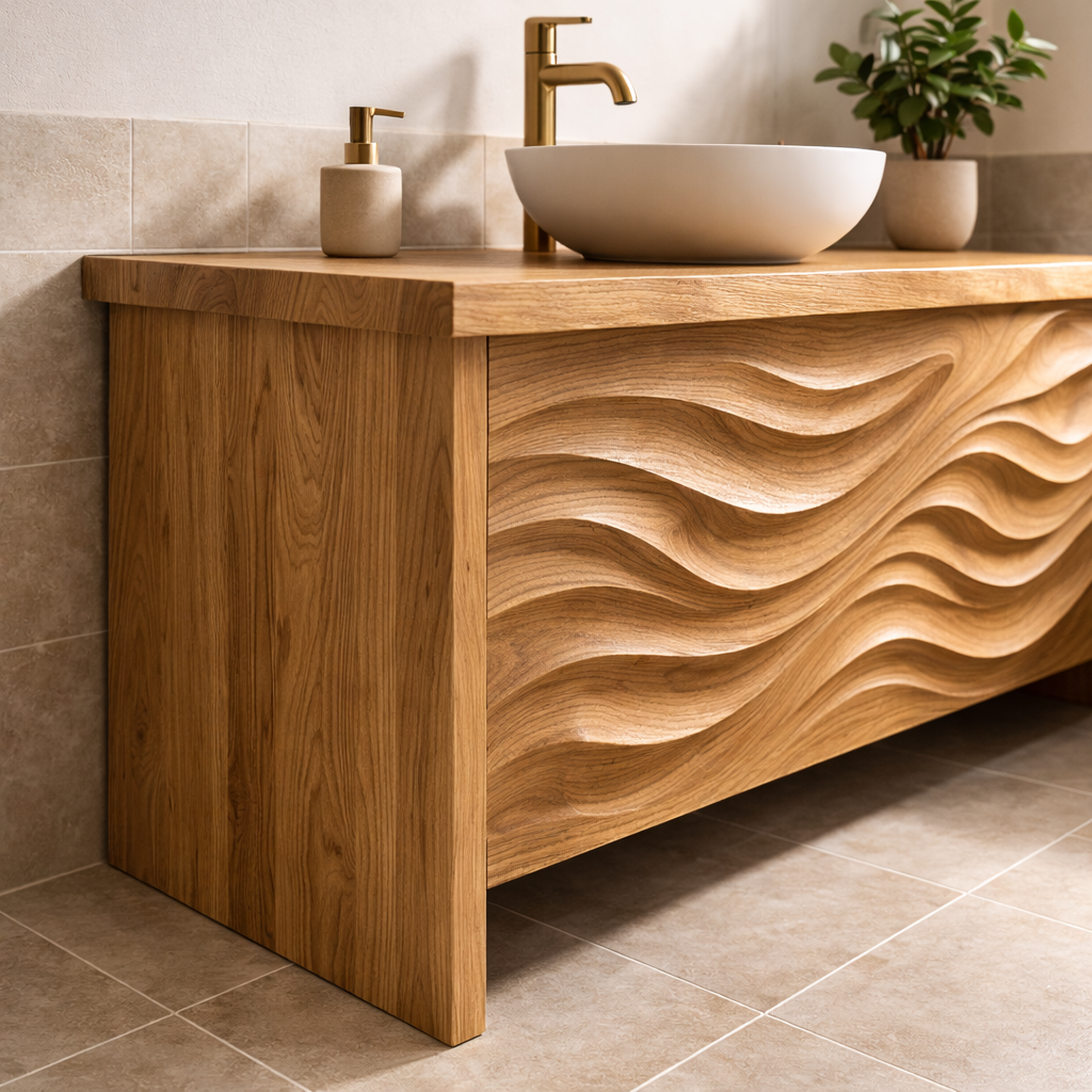 Solid Wood Bathroom Vanity with Sculpted Front & Modern Design
