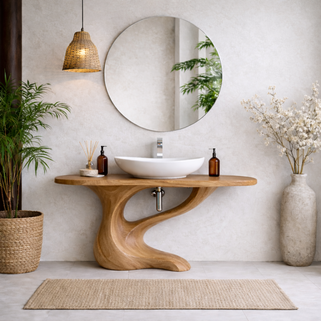 Modern Sculptural Solid Wood Bathroom Vanity with Artistic Base