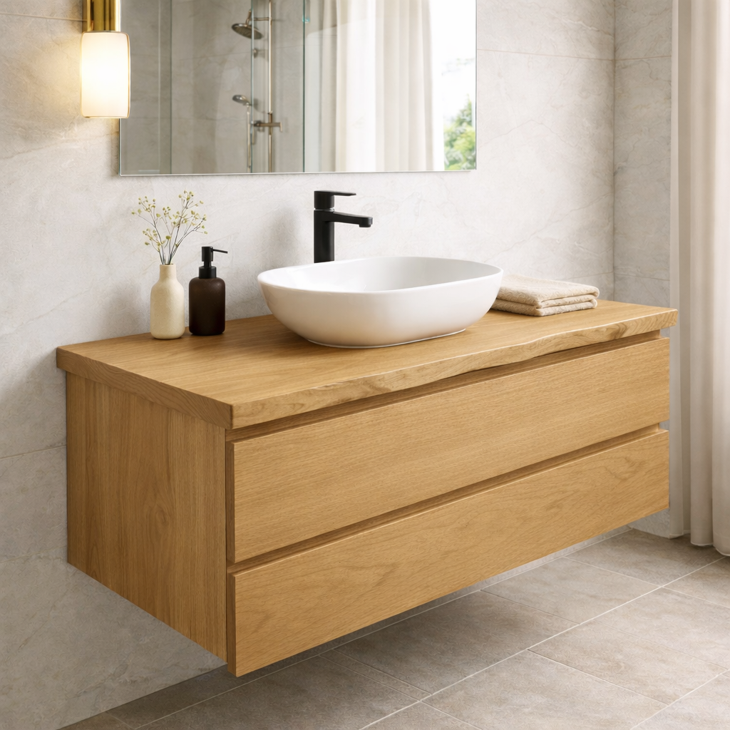 Floating Solid Wood Bathroom Vanity – Wall Mounted Modern Cabinet