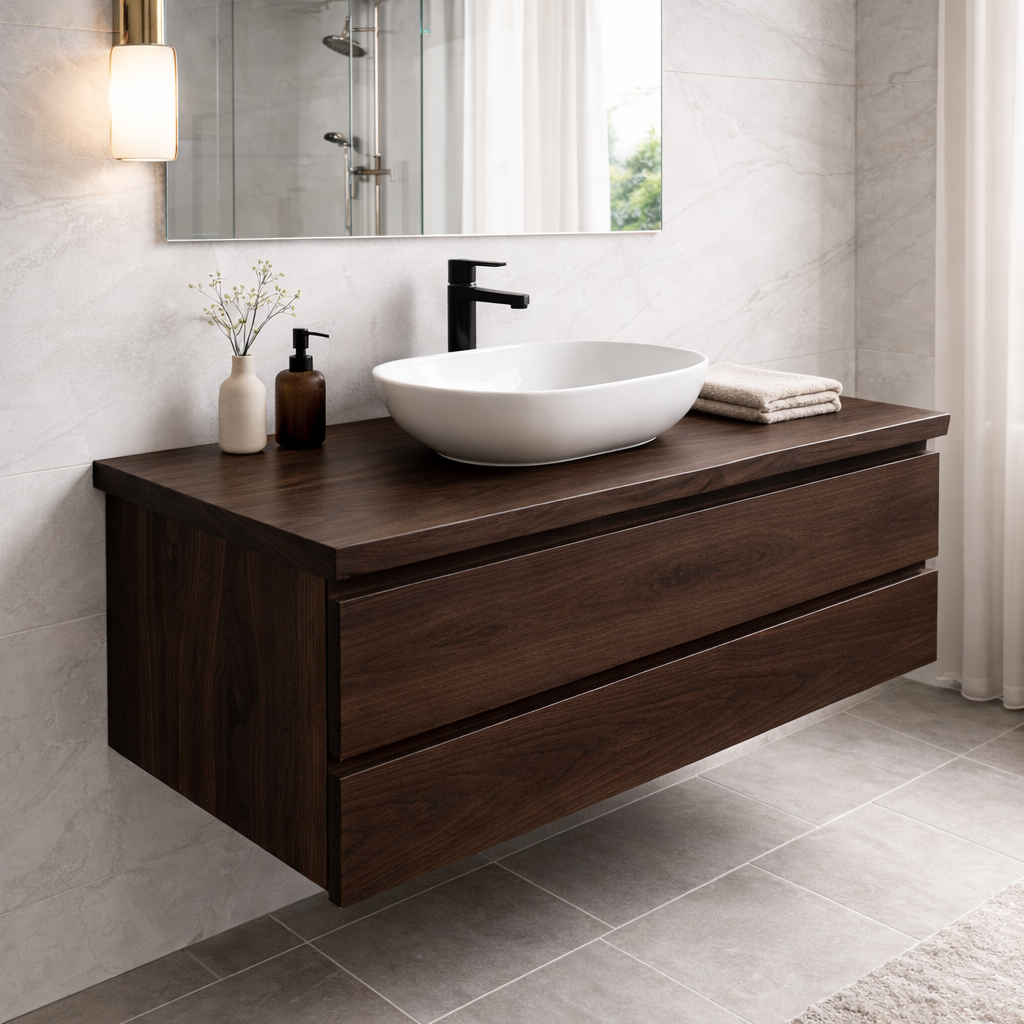 Floating Solid Wood Bathroom Vanity – Wall Mounted Modern Cabinet