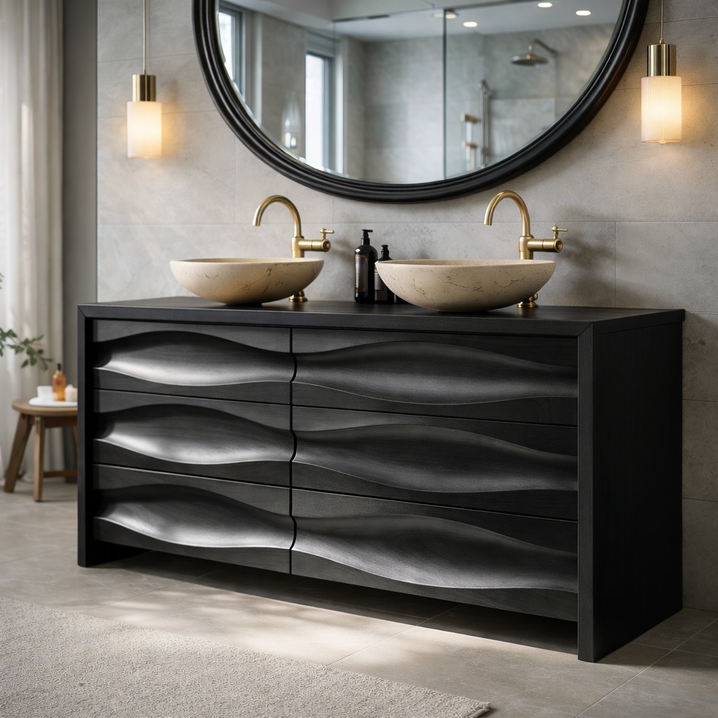 Solid Wood Double Sink Bathroom Vanity with Sculpted Wave Drawers