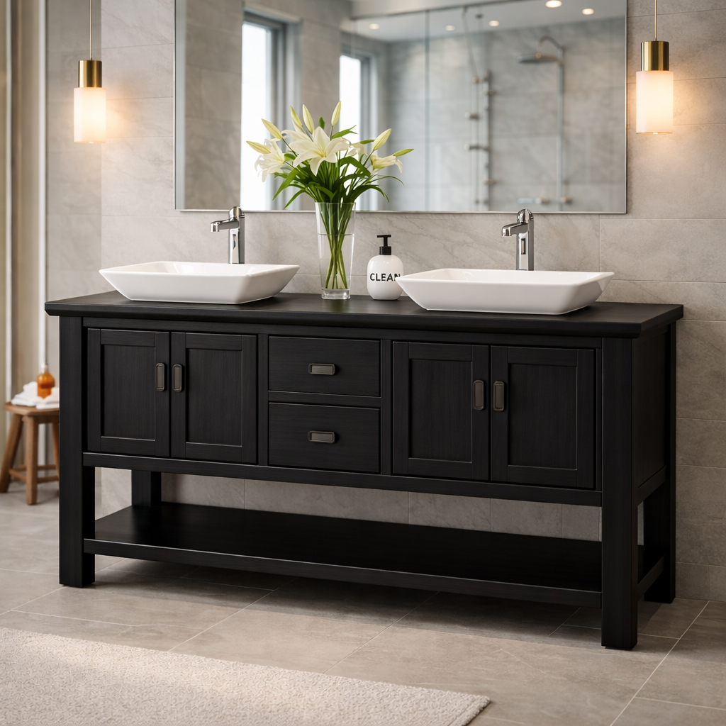 Solid Wood Double Sink Bathroom Vanity with Shaker Doors & Open Shelf