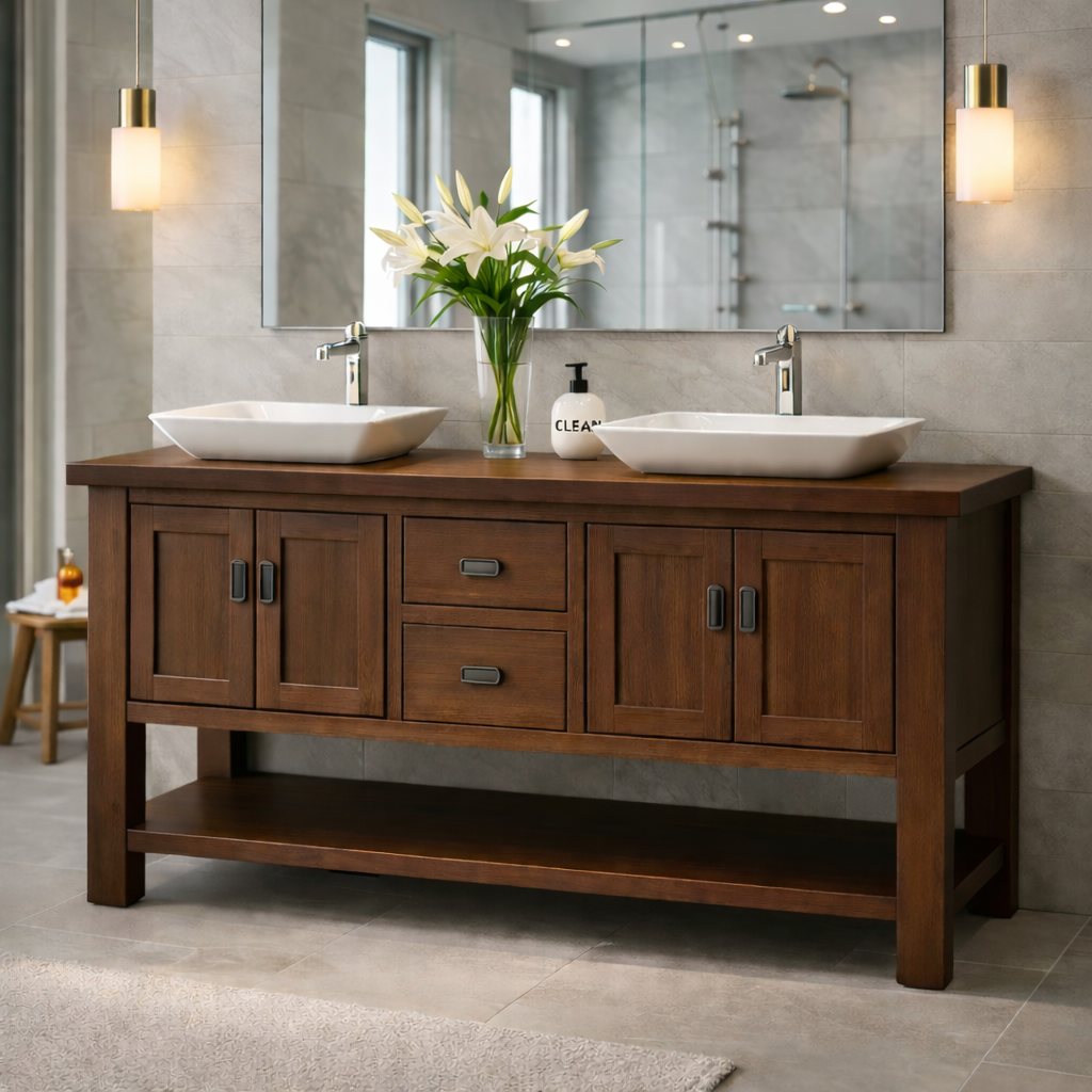 Solid Wood Double Sink Bathroom Vanity with Shaker Doors & Open Shelf