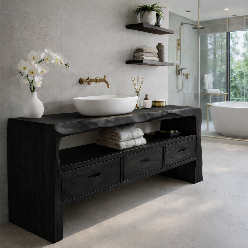 Solid Wood Bathroom Vanity with Open Shelf & Drawers – Rustic Modern Design