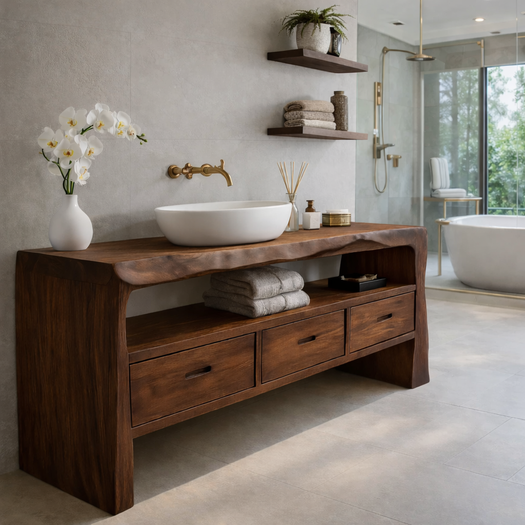 Solid Wood Bathroom Vanity with Open Shelf & Drawers – Rustic Modern Design