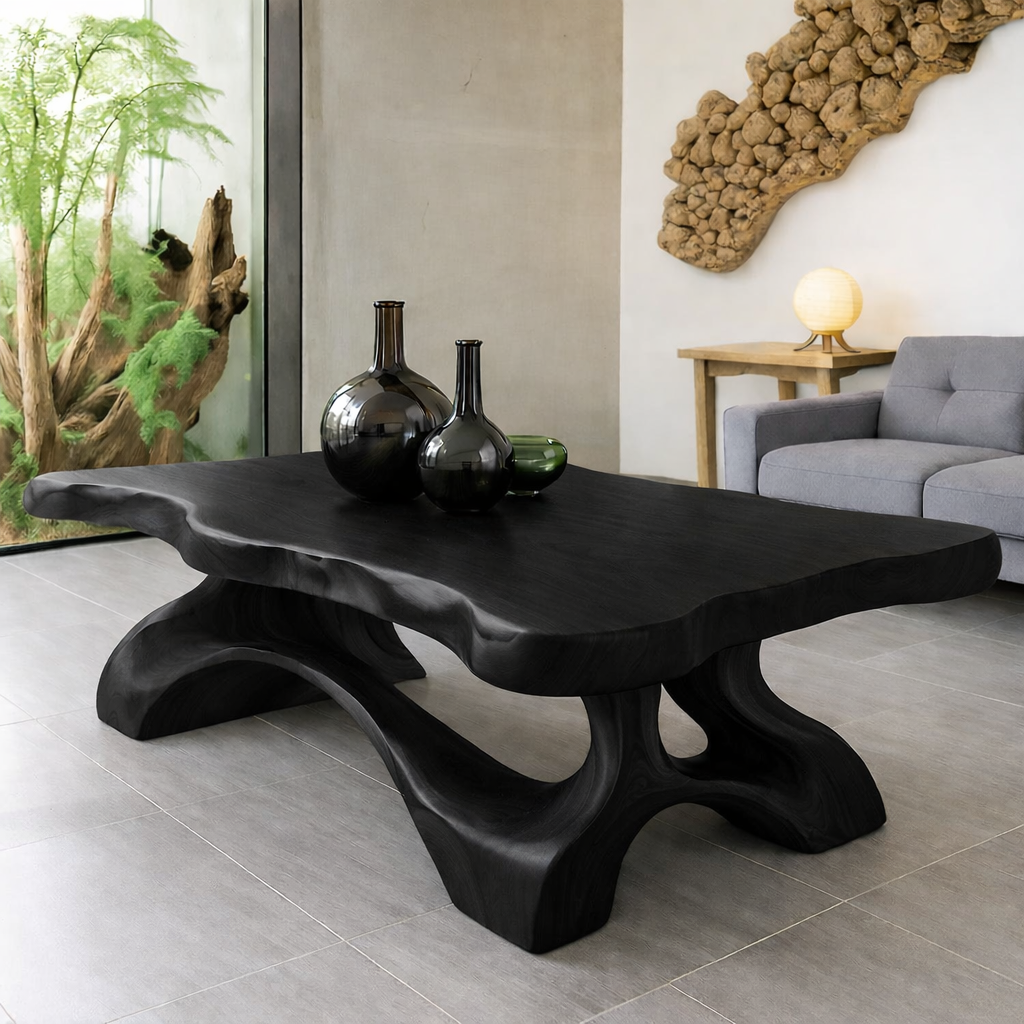 Solid Wood Coffee Table Live Edge Modern Sculptural Base Natural Wood