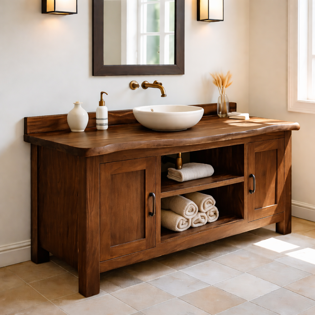 Solid Wood Bathroom Vanity with Cabinet Doors & Open Shelf Storage