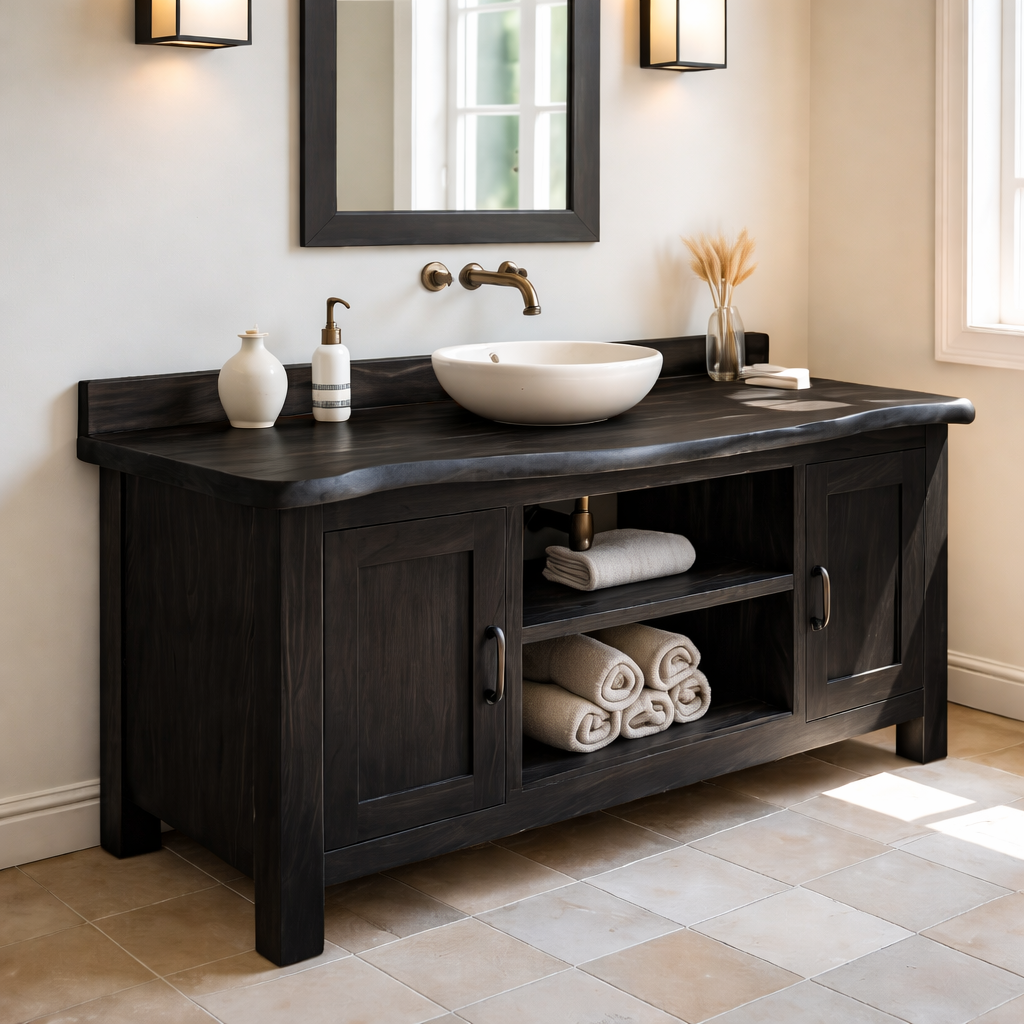 Solid Wood Bathroom Vanity with Cabinet Doors & Open Shelf Storage