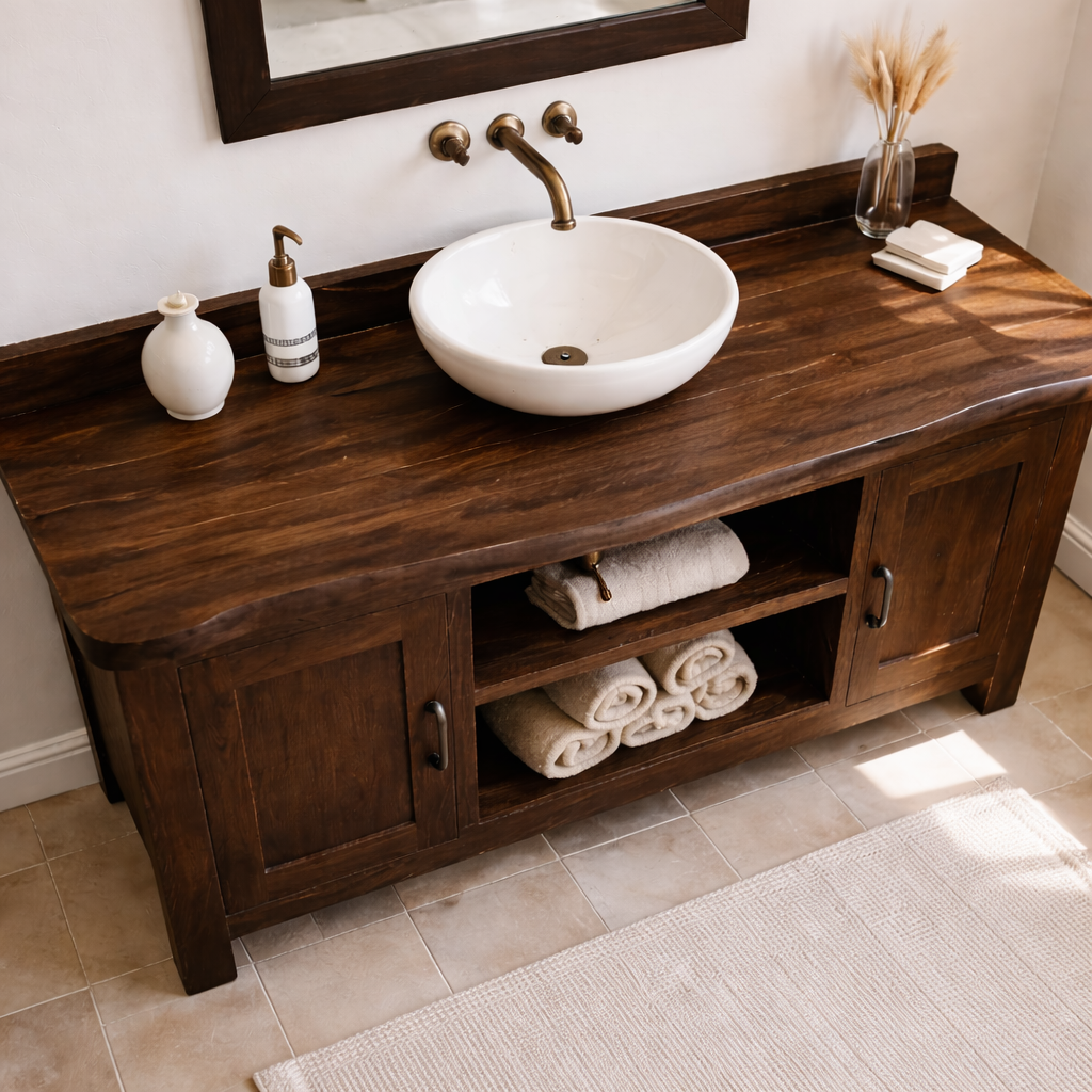 Solid Wood Bathroom Vanity with Cabinet Doors & Open Shelf Storage