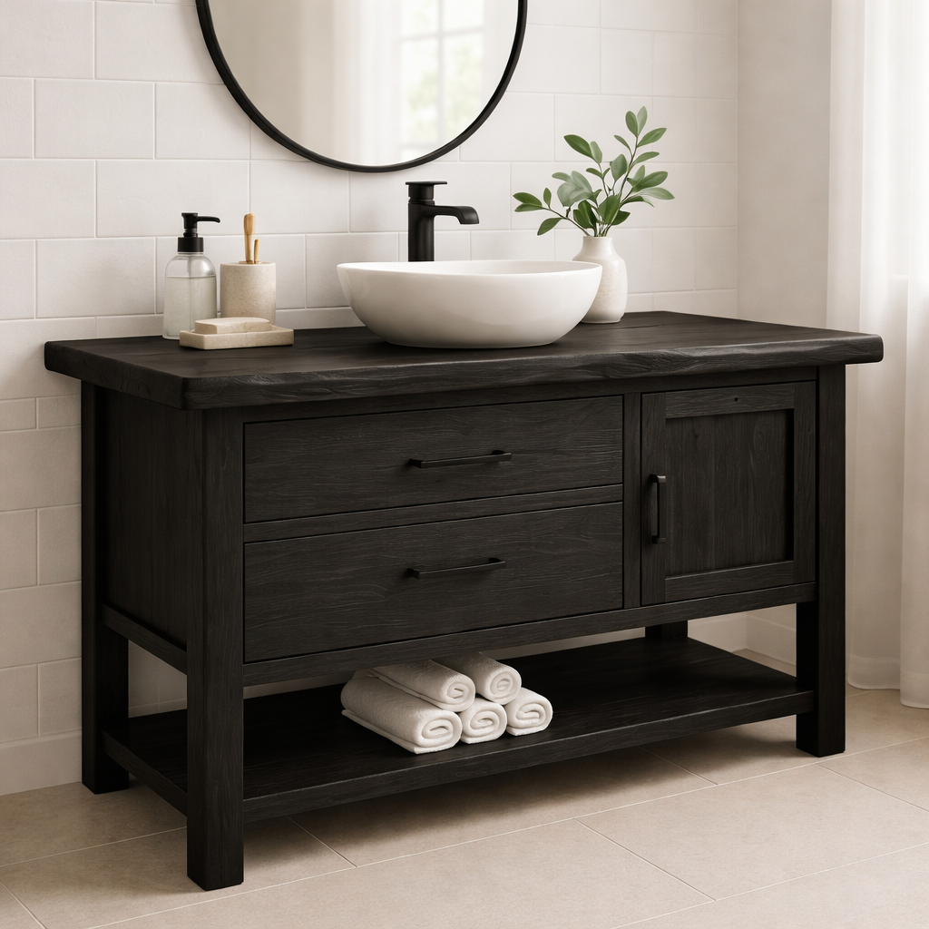 Solid Wood Bathroom Vanity with 2 Drawers, Cabinet Door & Open Shelf