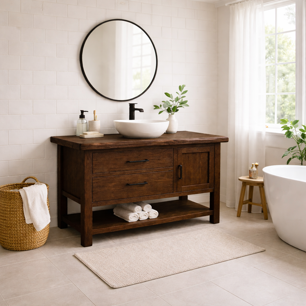 Solid Wood Bathroom Vanity with 2 Drawers, Cabinet Door & Open Shelf